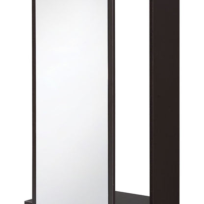 Mirror and Wood Hall Tree with Hanging Rod and Casters, Brown and Silver - View 4