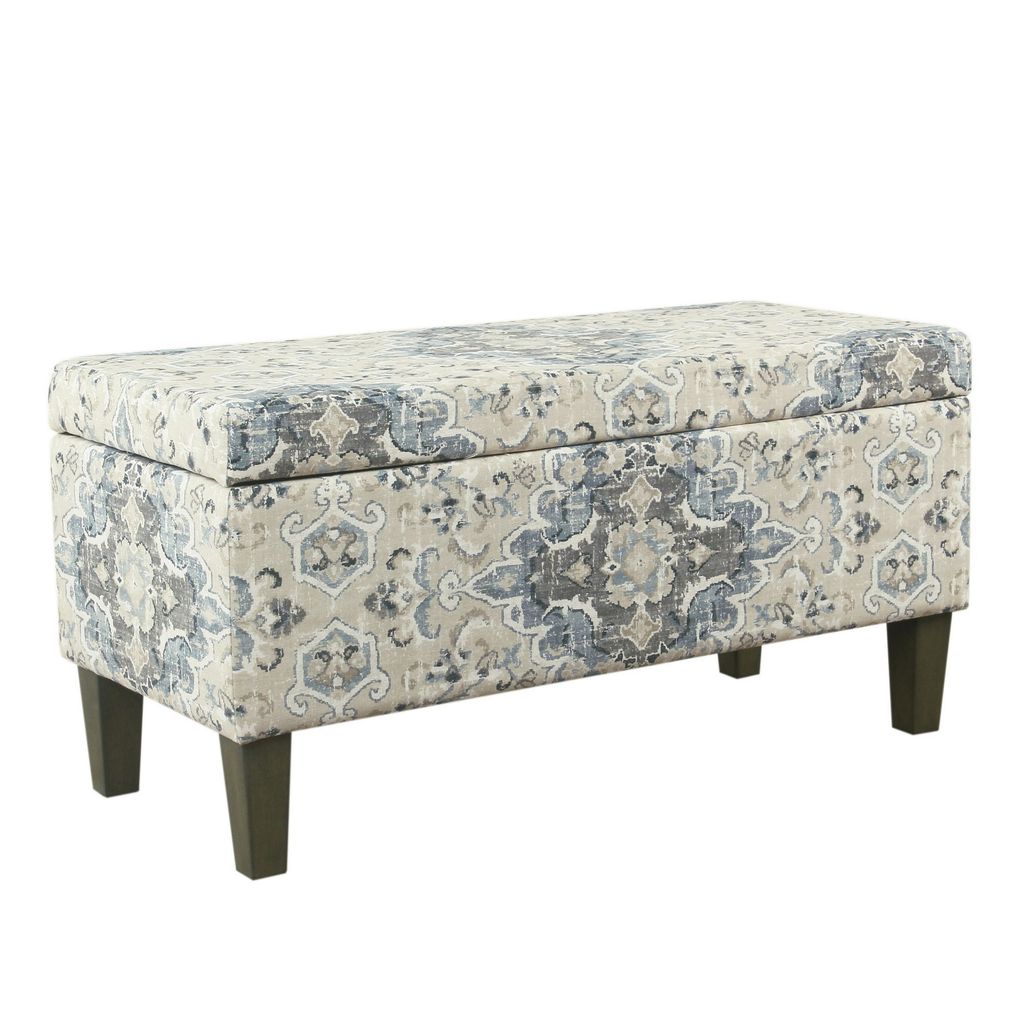 Medallion Print Fabric Upholstered Wooden Bench With Hinged Storage, Large, Blue and Cream - View 7
