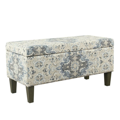 Medallion Print Fabric Upholstered Wooden Bench With Hinged Storage, Large, Blue and Cream - View 7