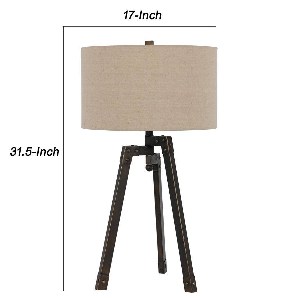Metal Tripod Base Table Lamp with Fabric Drum Shade, Bronze and Beige - View 6
