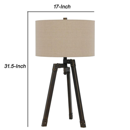 Metal Tripod Base Table Lamp with Fabric Drum Shade, Bronze and Beige - View 6