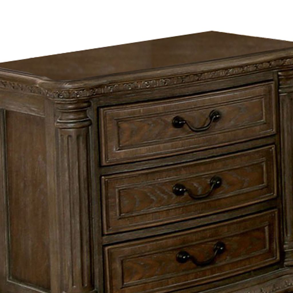Wooden Nightstand with 3 Drawers and Intricate Carving Details, Brown - View 2