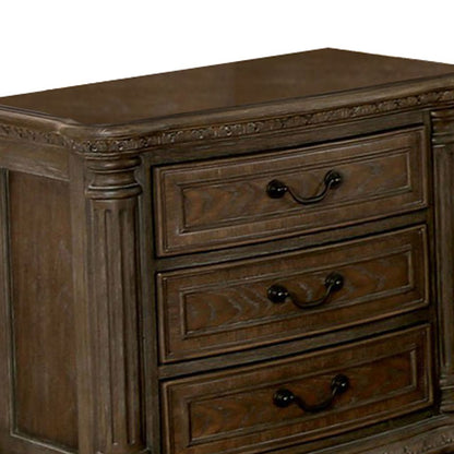 Wooden Nightstand with 3 Drawers and Intricate Carving Details, Brown - View 2