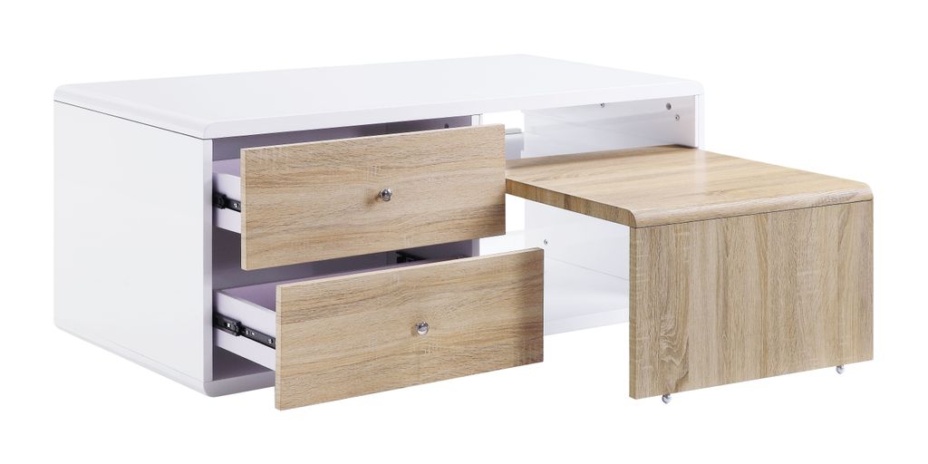 2 Drawer Contemporary Coffee Table with Pull Out Table, White and Brown - View 2