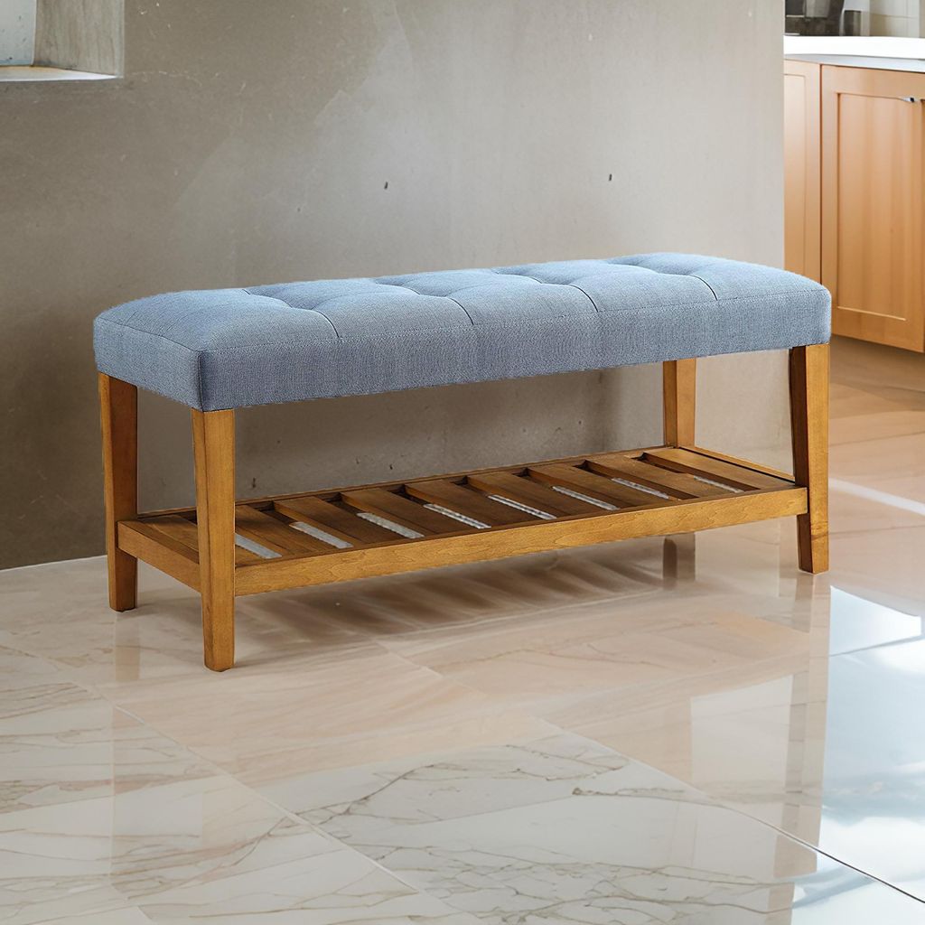 Wooden Bench, Blue & Oak - View 7