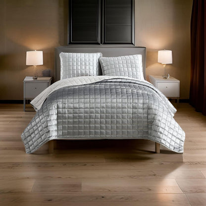 3 Piece King Size Coverlet Set with Stitched Square Pattern, Silver - View 7