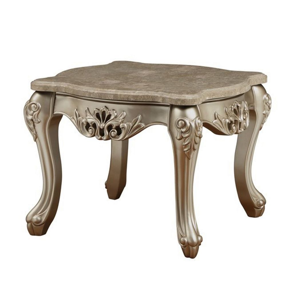 Marble Top Wooden End Table with Queen Anne Style Legs, Champagne Gold - View 3