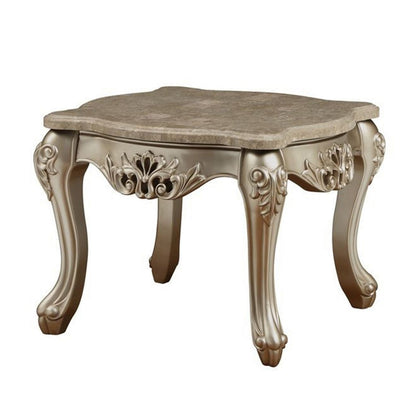 Marble Top Wooden End Table with Queen Anne Style Legs, Champagne Gold - View 3