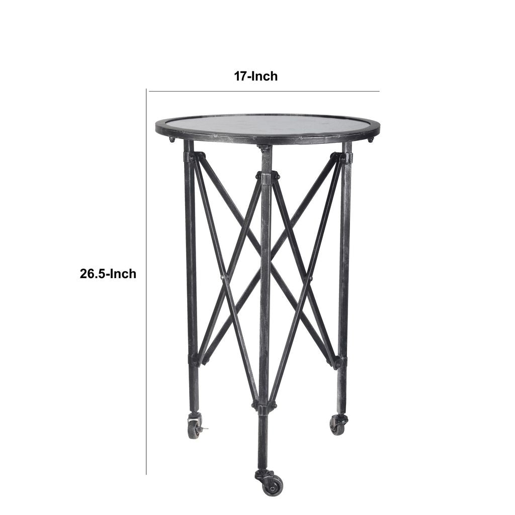 27 Inch Side Table, Round Metal Body, Glass Tabletop, 3 Wheels, Silver - View 5