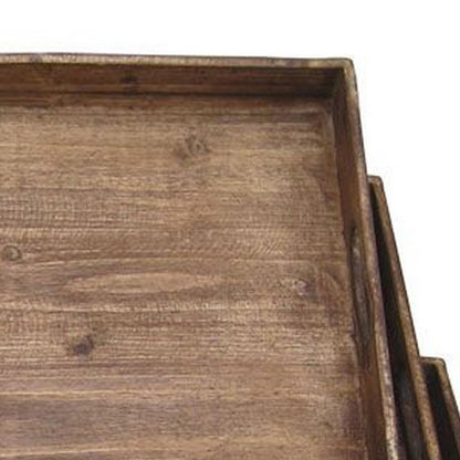 Rough Sawn Textured Rectangular Wooden Ruler Tray, Set of 3, Brown - View 4