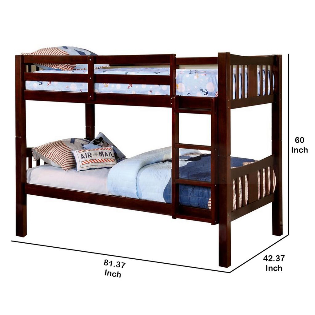 Slatted Twin Over Twin Bunk Bed with Attached Ladder, Espresso Brown - View 5