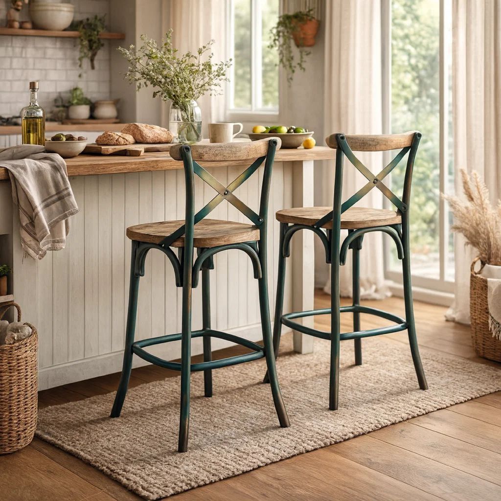 Wood & metal Bar Height Chair with X Style Panel back, Antique Sky Blue - View 7
