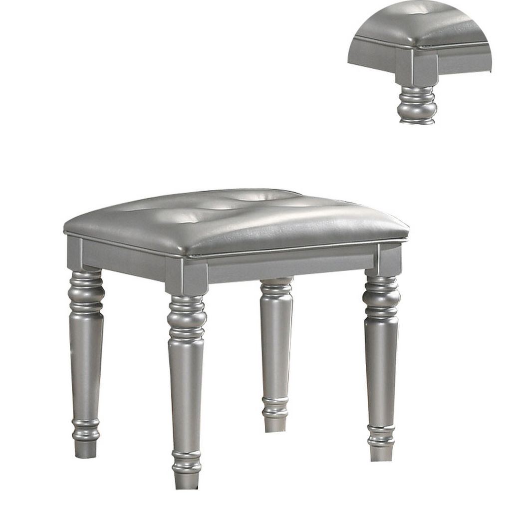 Kya 20 Inch Vanity Stool with Tufted Vegan Faux Leather Seat, Glam Silver - View 3