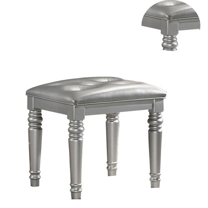 Kya 20 Inch Vanity Stool with Tufted Vegan Faux Leather Seat, Glam Silver - View 3
