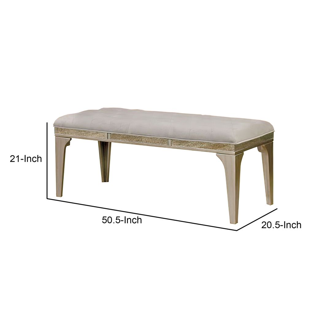 51 Inch Wood Bench, Cushioned Seat, Tapered Legs Support, Gray, Champagne Silver - View 6
