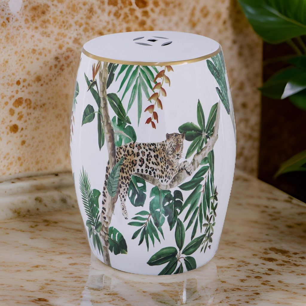 18 Inch Ceramic Accent Table, Drum Shape, Tropical Print, White, Green - View 7