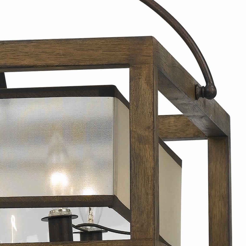 6 Bulb Square Chandelier with Wooden Frame and Organza Striped Shade, Brown - View 3