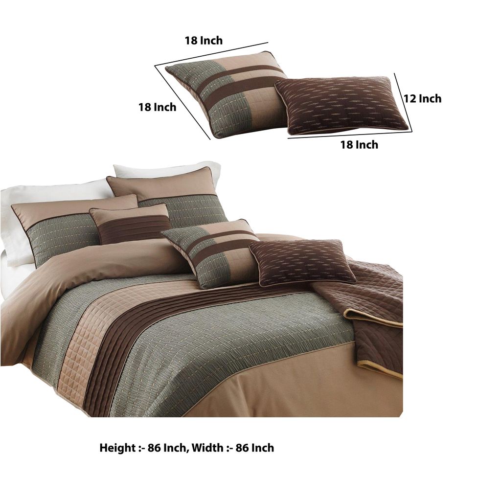 7 Piece Queen Comforter Set with Pleats and Texture, Gray and Brown - View 5
