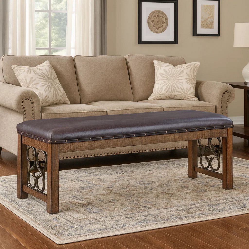 Ral 56 Inch Solid Wood Padded Bench, Metal Scroll Design, Nailhead, Brown - View 7