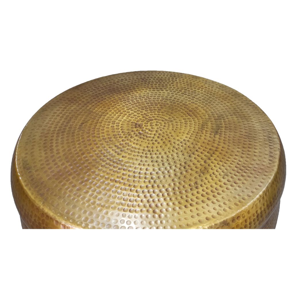 Kvira 32" Artisanal Round Drum Coffee Table, Hammered Embossed Texturing, Aluminum, Antique Brass - View 4
