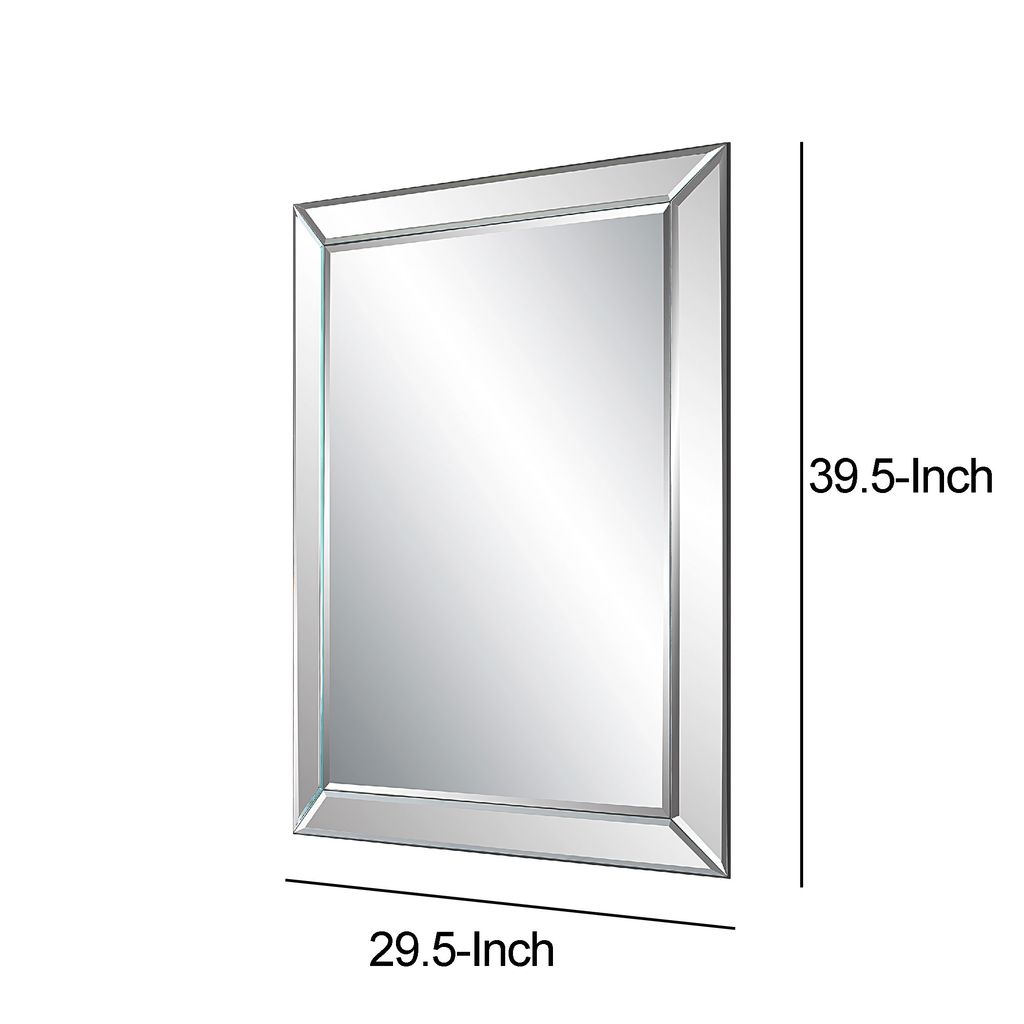 39 Inch Wood Mirror, Mirrored Frame, Beveled Panels, Silver - View 6