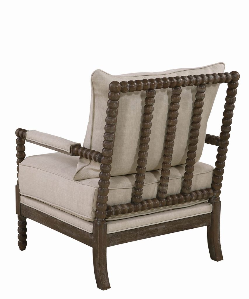 Cushioned Back Fabric Upholstered Spindle Accent Chair, Beige and Brown - View 3