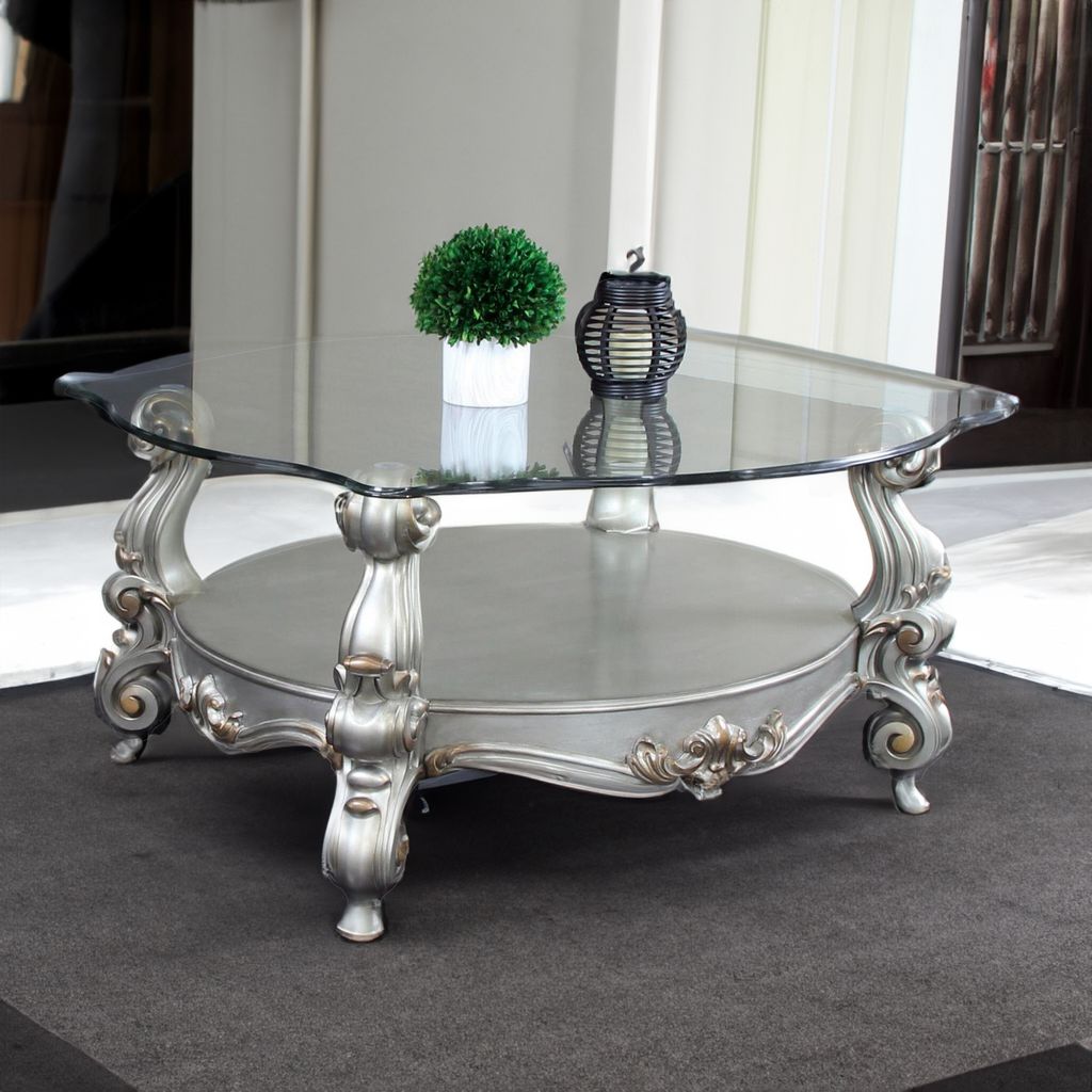 Curved Glass Top Coffee Table with Open Shelf, Silver - View 7