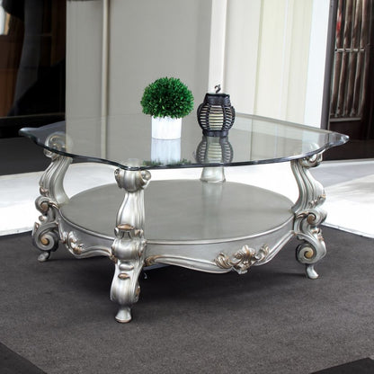 Curved Glass Top Coffee Table with Open Shelf, Silver - View 7