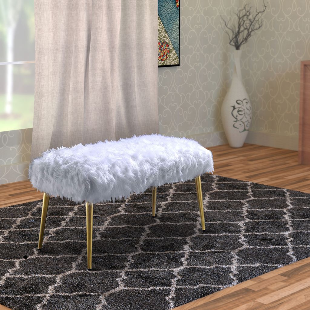 Modern Style Faux Fur Upholstered Metal Bench with Tapered Legs, White and Gold - View 7