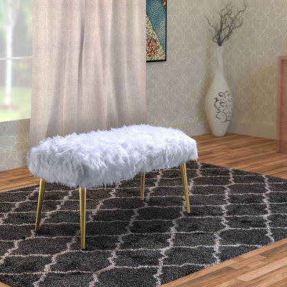 Modern Style Faux Fur Upholstered Metal Bench with Tapered Legs, White and Gold - View 7