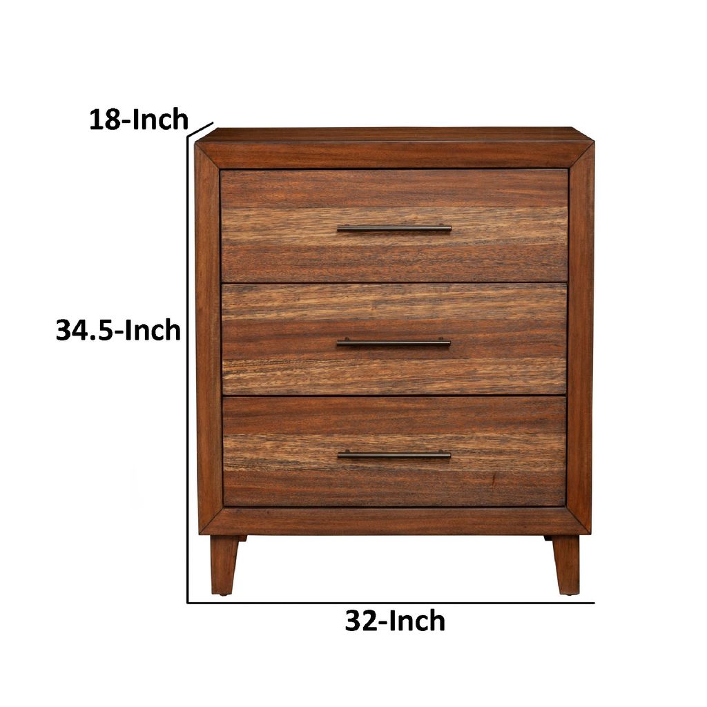 Paul 35 Inch Small Dresser Chest, 3 Drawers, Metal Bar Handles, Warm Brown - View 5