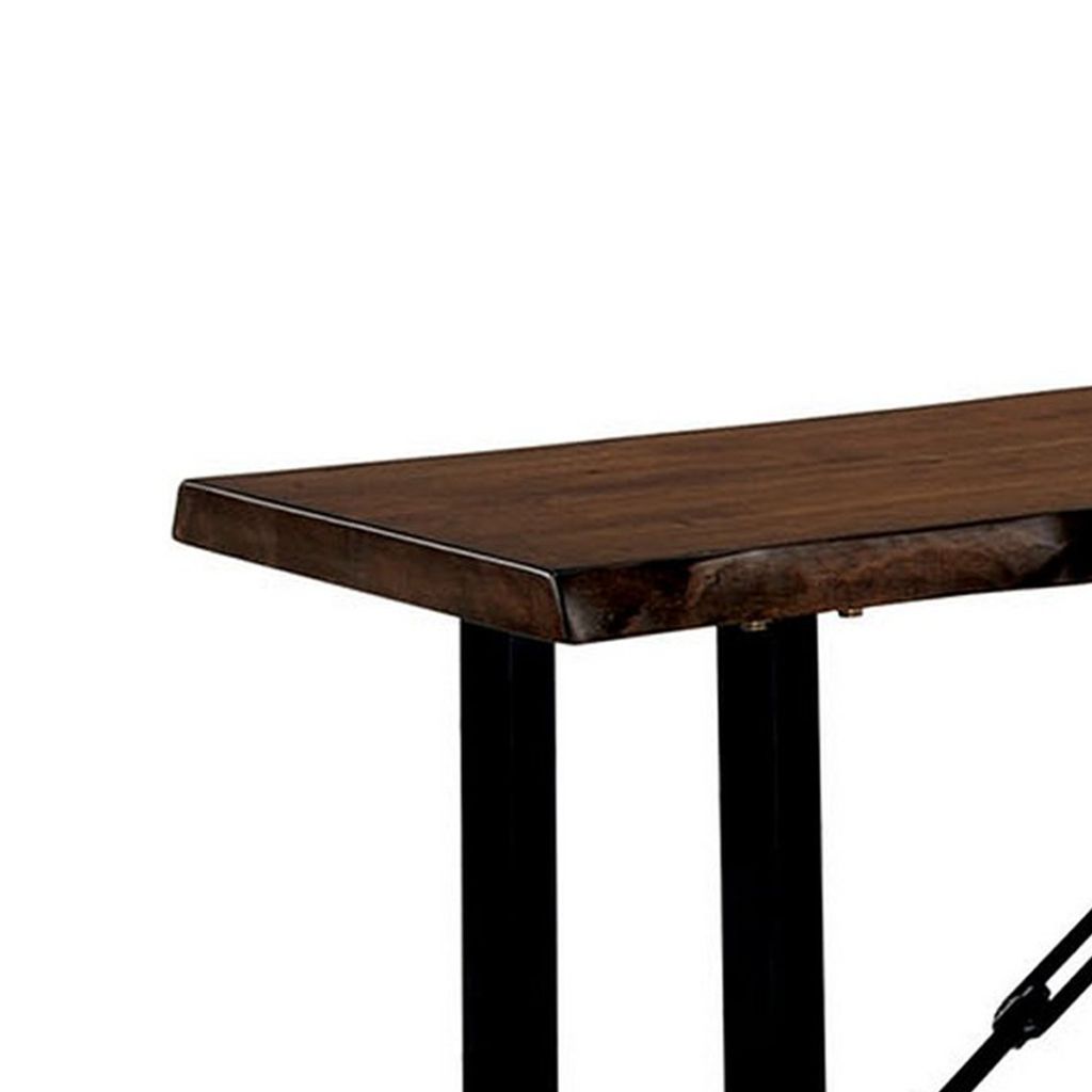 Rectangular Metal Frame Bench with Wooden Seat, Black and Brown - View 3