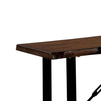 Rectangular Metal Frame Bench with Wooden Seat, Black and Brown - View 3