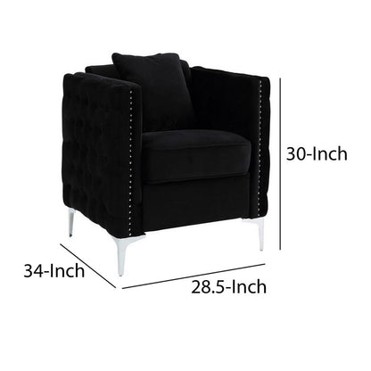 Zion 34 Inch Accent Chair with Throw Pillow, Handmade Tufted, Black Velvet - View 5