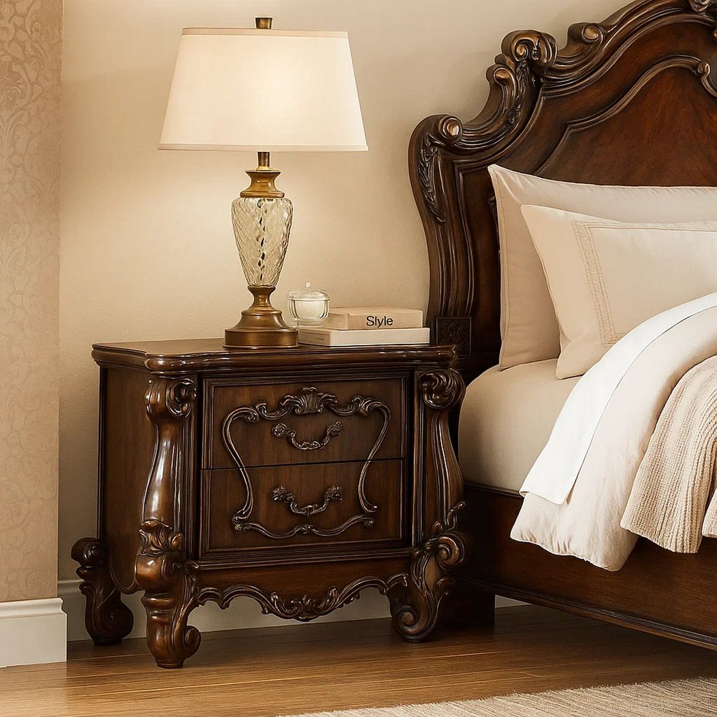 Traditional Wooden Nightstand with Antique Handles and Scrolled Legs, Brown - View 7
