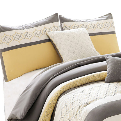 Quatrefoil Print Queen Size 7 Piece Fabric Comforter Set, Yellow and Gray - View 2