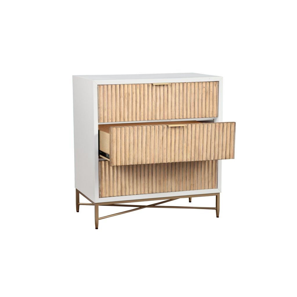 Eli 34 Inch 3 Drawer Small Dresser Nightstand, Corrugated Panels, White, Gold - View 3