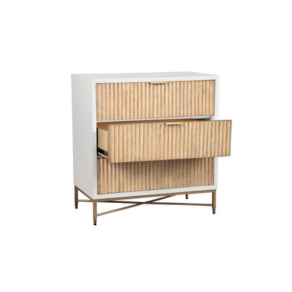 Eli 34 Inch 3 Drawer Small Dresser Nightstand, Corrugated Panels, White, Gold - View 3