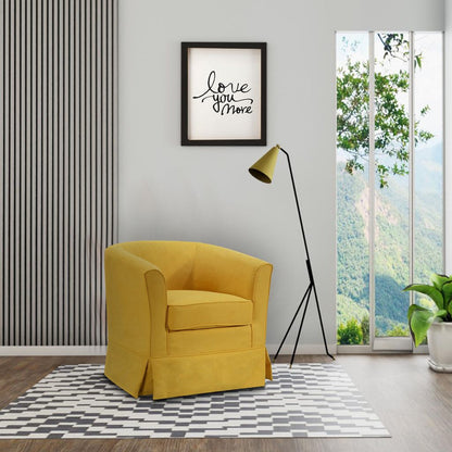 Lex 28 Inch Swivel Accent Chair, Yellow Fabric, Curved Track Back, Skirted - View 6