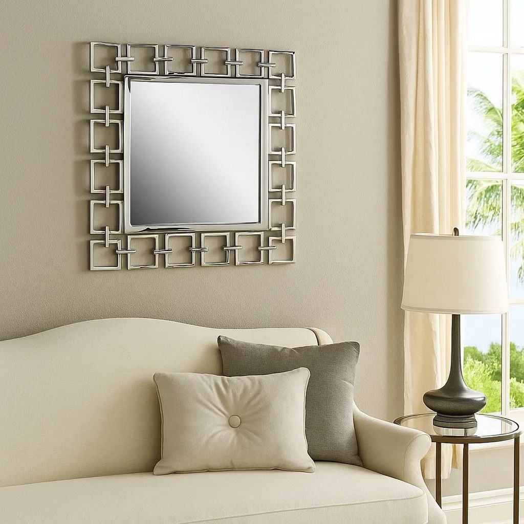 Modern Style Metal Openwork Square Framed Mirror, Silver - View 7