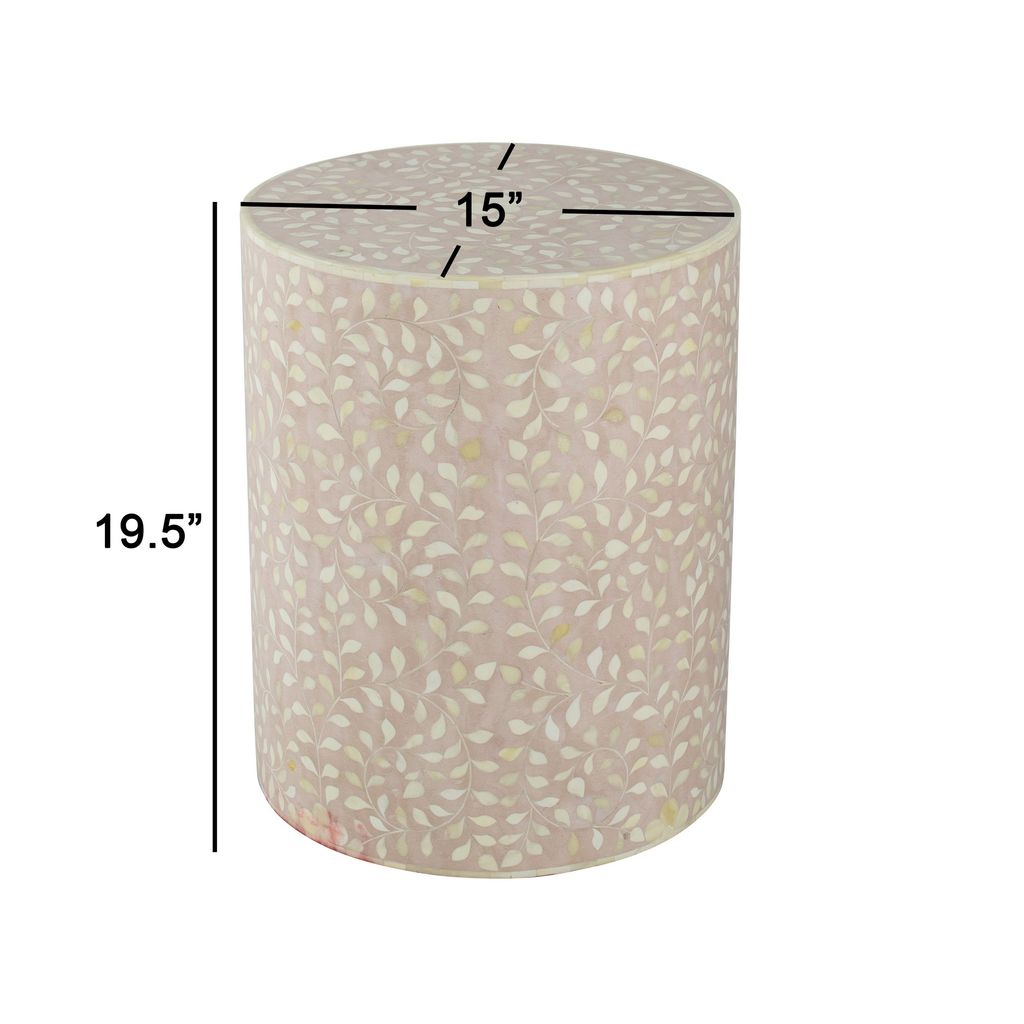 20 Inch Round Side End Table, Filigree Bone Inlay, Wood, Pale Pink, White - View 6