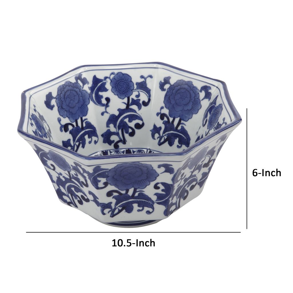 11 Inch Decorative Bowl with Floral Pattern on Blue and White Porcelain - View 5