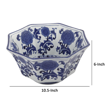11 Inch Decorative Bowl with Floral Pattern on Blue and White Porcelain - View 5