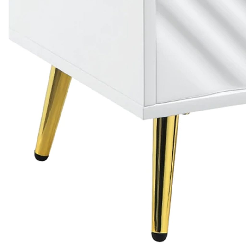Tyra 22 Inch Wood End Table with Open Space, Wave Pattern, White, Gold - View 5