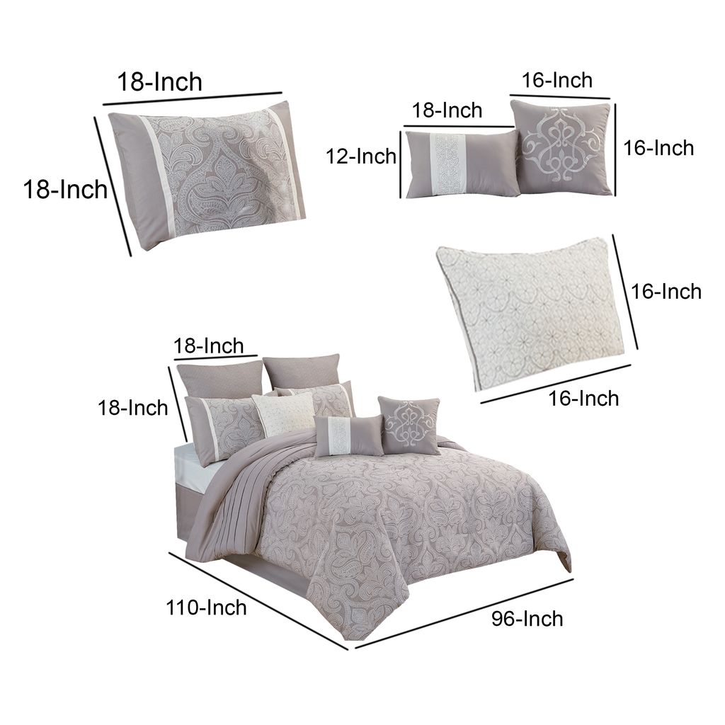King Size 10 Piece Fabric Comforter Set with Medallion Prints, White - View 6