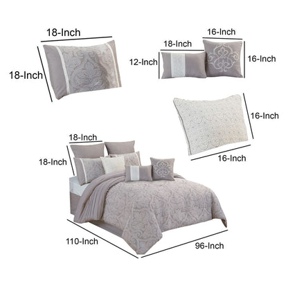 King Size 10 Piece Fabric Comforter Set with Medallion Prints, White - View 6