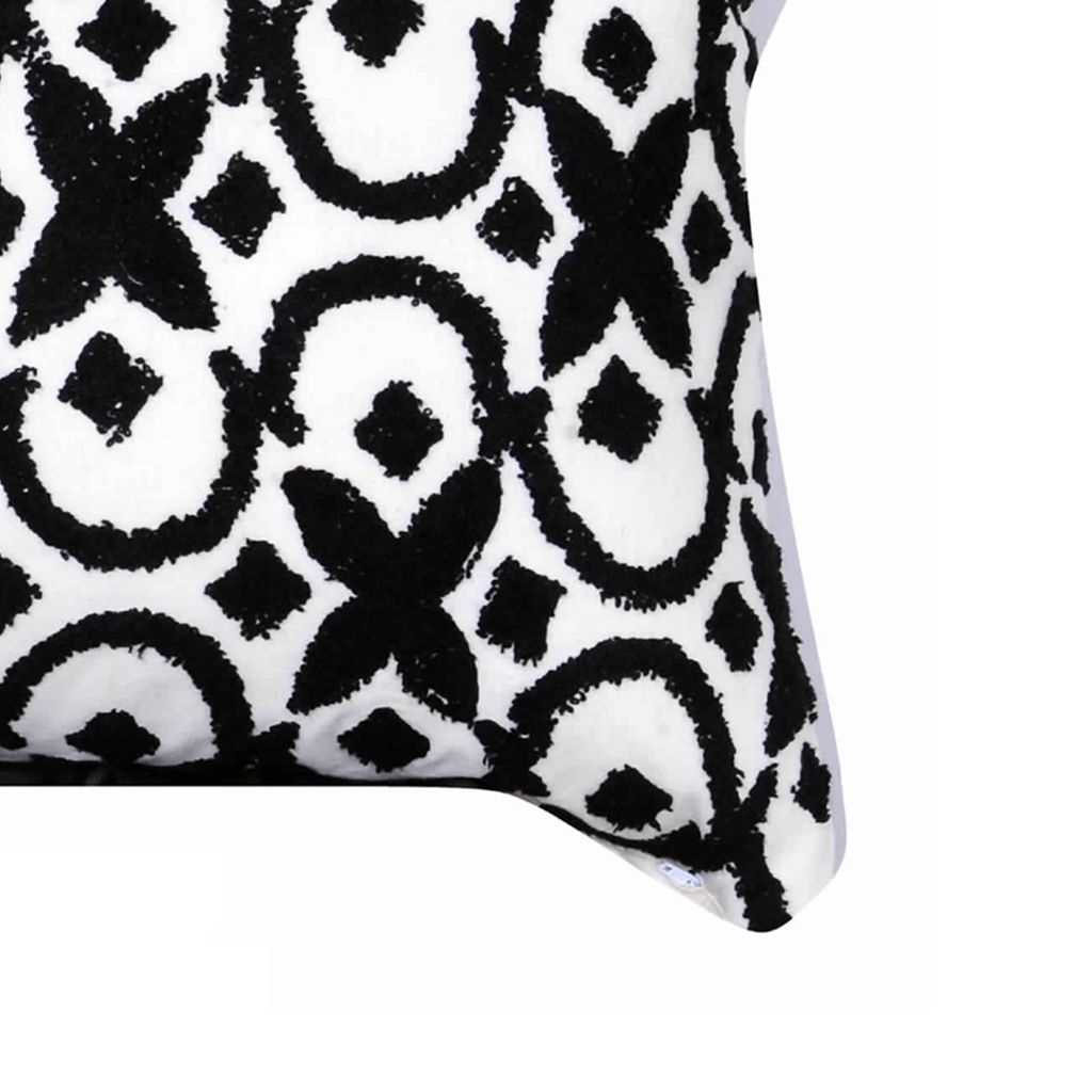 20 x 16 Inch Cotton Pillow with Geometric Embroidery, White and Black - View 4