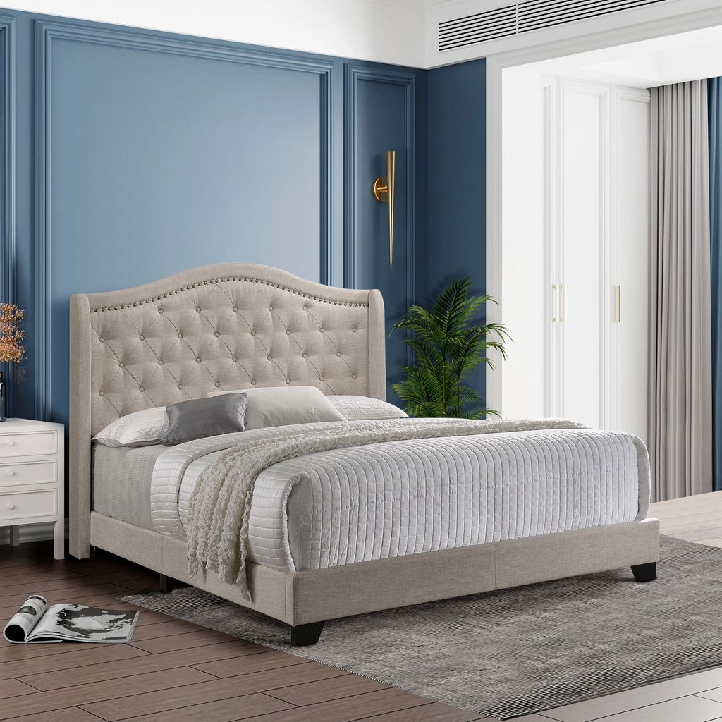 Queen Size Bed, Beige Fabric Upholstered, Camel Back, Button Tufted - View 7