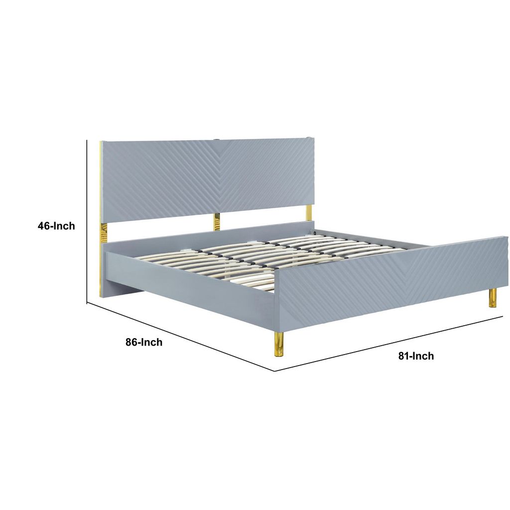 Tyra Modern King Bed, Panel Headboard, Luxury Textured Chevron, Gray, Gold - View 6