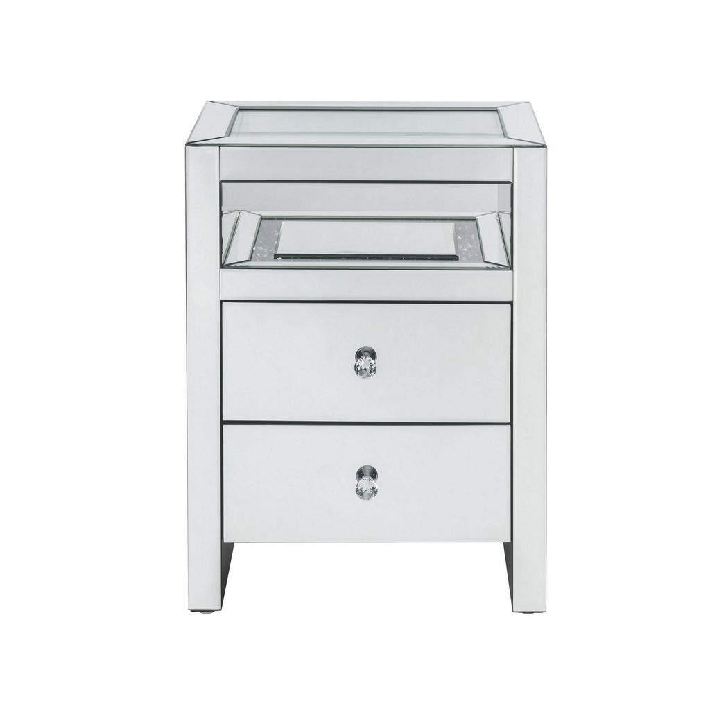 2 Drawer Beveled Mirrored Accent Table with Glass Top and LED, Silver - View 2